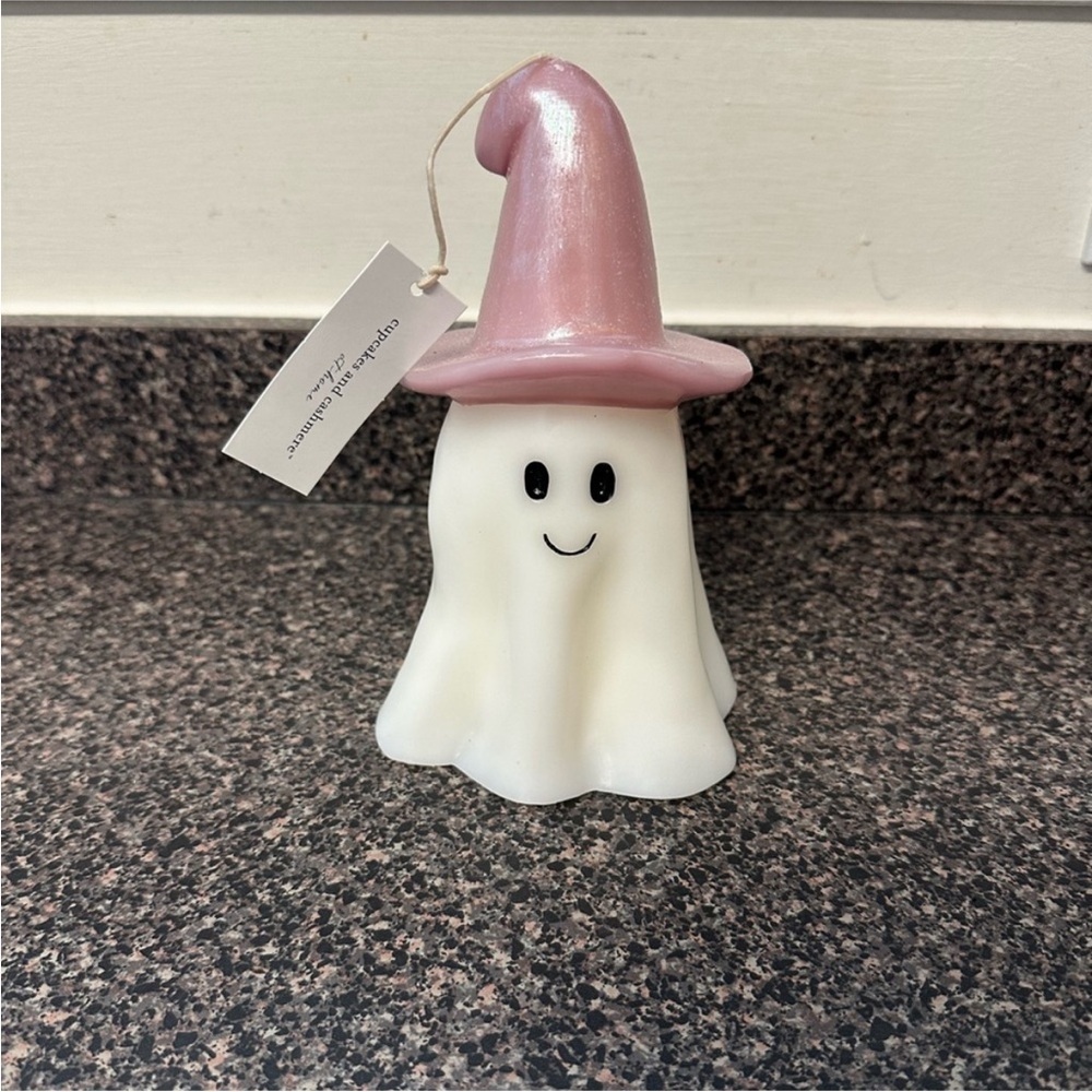 Cupcakes and Cashmere Halloween Ghost Candle with Pink Witch Hat